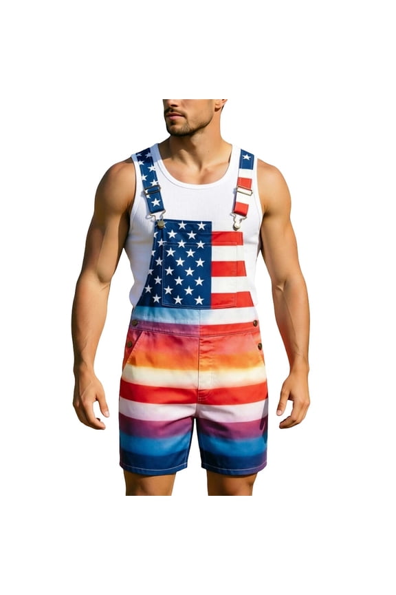 4Th Of July Bib Overalls for Men Patriotic Usa Star Striped Graphic Independence Day Jumpsuits Adjustable Strap American 250Th Anniversary Short Romper With Pocket