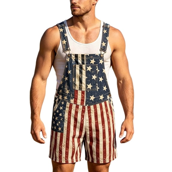 CONZONE 4Th Of July Bib Overalls for Men Patriotic Usa Star Striped Graphic Independence Day Jumpsuits Adjustable Strap American 250Th Anniversary Short Romper With Pocket