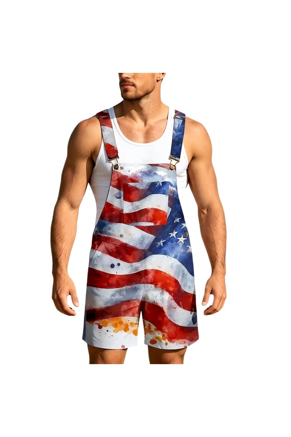 4Th Of July Bib Overalls for Men Patriotic Usa Star Striped Graphic Independence Day Jumpsuits Adjustable Strap American 250Th Anniversary Short Romper With Pocket