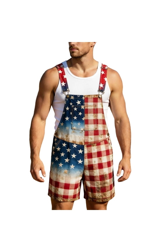 4Th Of July Bib Overalls for Men Patriotic Usa Star Striped Graphic Independence Day Jumpsuits Adjustable Strap American 250Th Anniversary Short Romper With Pocket