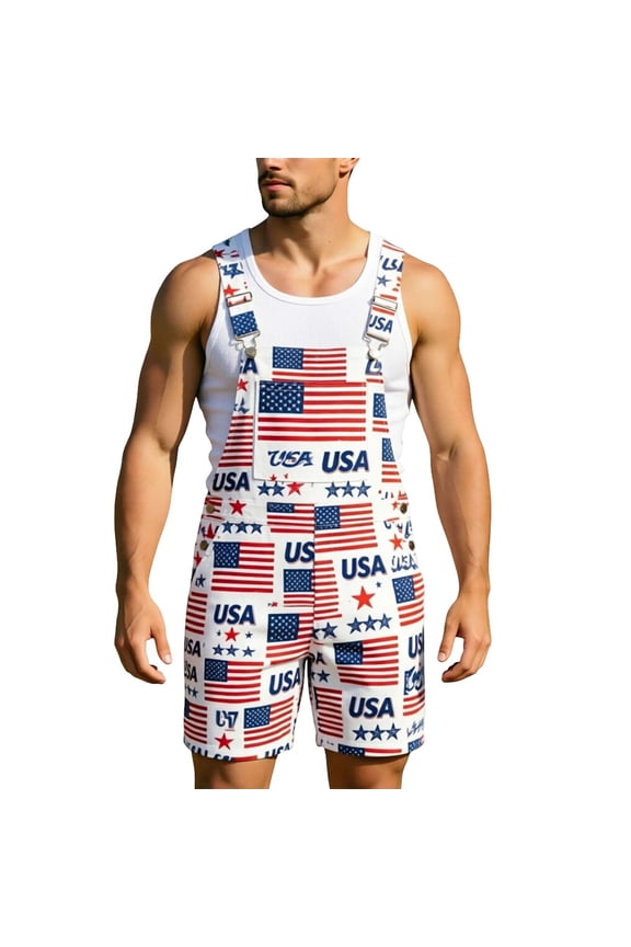 4Th Of July Bib Overalls for Men Patriotic Usa Star Striped Graphic Independence Day Jumpsuits Adjustable Strap American 250Th Anniversary Short Romper With Pocket