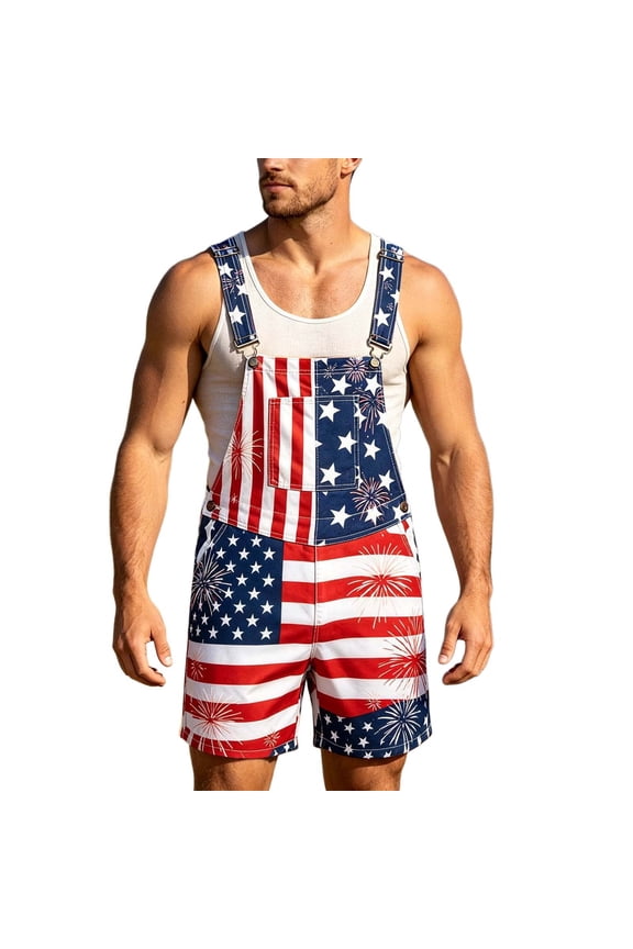 4Th Of July Bib Overalls for Men Patriotic Usa Star Striped Graphic Independence Day Jumpsuits Adjustable Strap American 250Th Anniversary Short Romper With Pocket