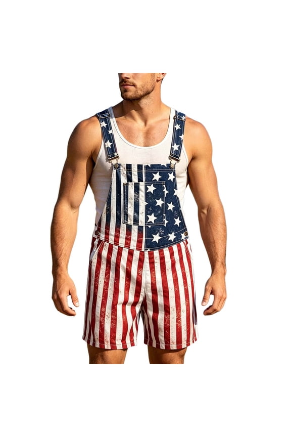4Th Of July Bib Overalls for Men Patriotic Usa Star Striped Graphic Independence Day Jumpsuits Adjustable Strap American 250Th Anniversary Short Romper With Pocket