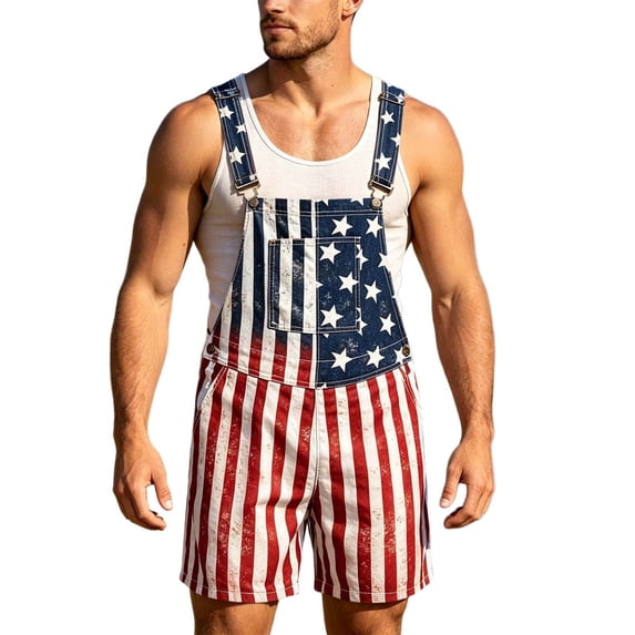 CONZONE 4Th Of July Bib Overalls for Men Patriotic Usa Star Striped Graphic Independence Day Jumpsuits Adjustable Strap American 250Th Anniversary Short Romper With Pocket