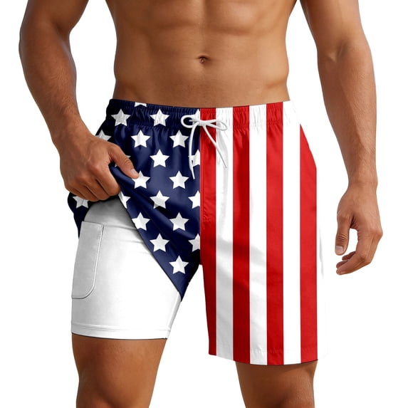 CONZONE 4Th Of July Mens Swim Trunks With Mesh Liner Patriotic Usa Star Striped Graphic Board Shorts for Men Elastic Waist Drawstring Independence Day American Summer Beach Swim Shorts