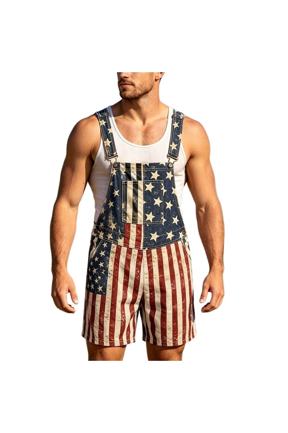 4Th Of July Short Bib Overalls for Men Patriotic Usa Star Striped Graphic Independence Day Shorts Jumpsuits Adjustable Strap American 250Th Anniversary Shortalls With Pocket
