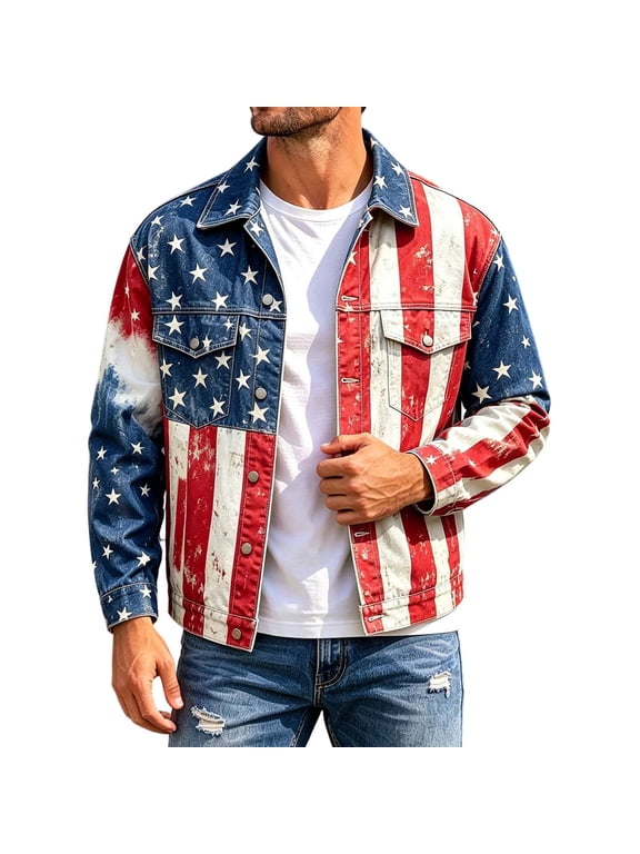 4Th Of July Mens Jackets Independence Day Jacket for Men Patriotic Usa Star Striped Graphic Long Sleeve Lapel Button Down Collar Tops