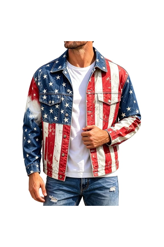 4Th Of July Mens Jackets Independence Day Jacket for Men Patriotic Usa Star Striped Graphic Long Sleeve Lapel Button Down Collar Tops