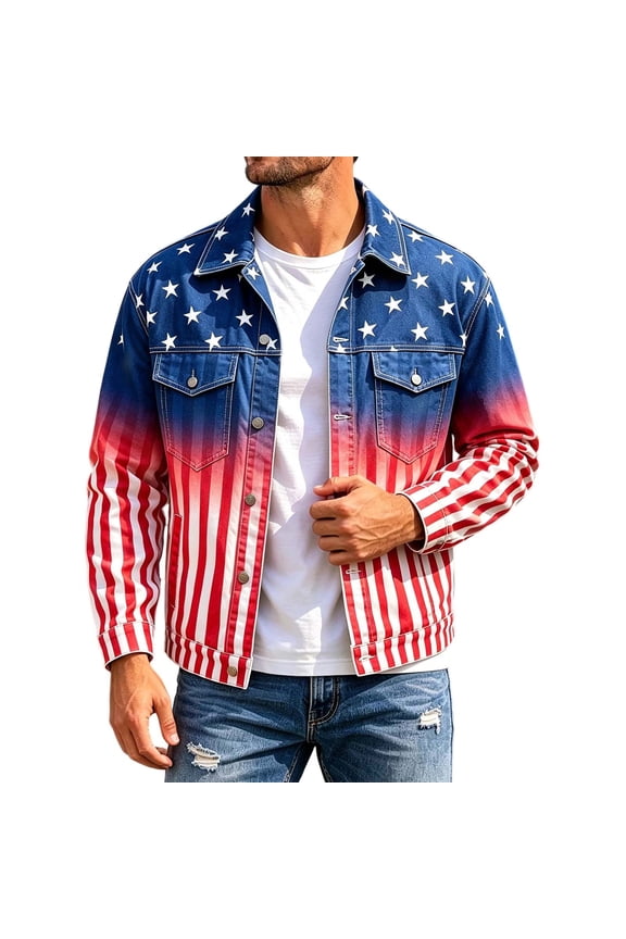 4Th Of July Mens Jackets Independence Day Jacket for Men Patriotic Usa Star Striped Graphic Long Sleeve Lapel Button Down Collar Tops