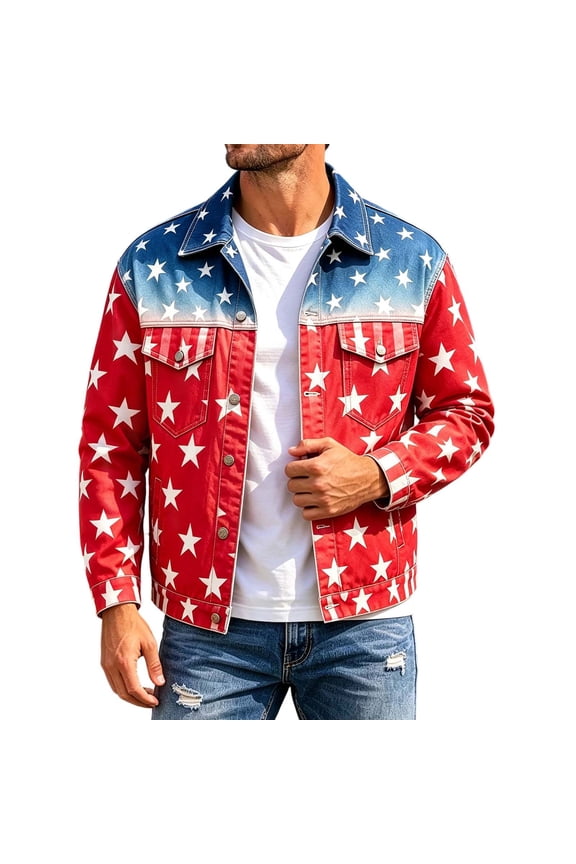 4Th Of July Mens Jackets Independence Day Jacket for Men Patriotic Usa Star Striped Graphic Long Sleeve Lapel Button Down Collar Tops