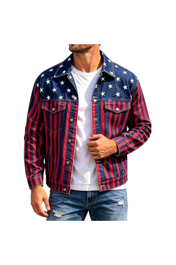 4Th Of July Mens Jackets Independence Day Jacket for Men Patriotic Usa Star Striped Graphic Long Sleeve Lapel Button Down Collar Tops