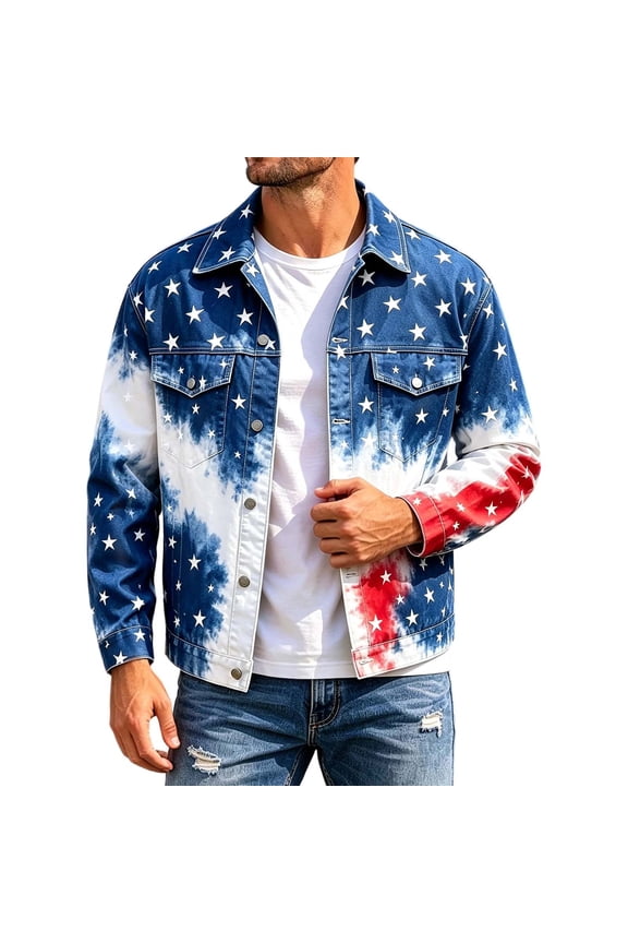 4Th Of July Mens Jackets Independence Day Jacket for Men Patriotic Usa Star Striped Graphic Long Sleeve Lapel Button Down Collar Tops