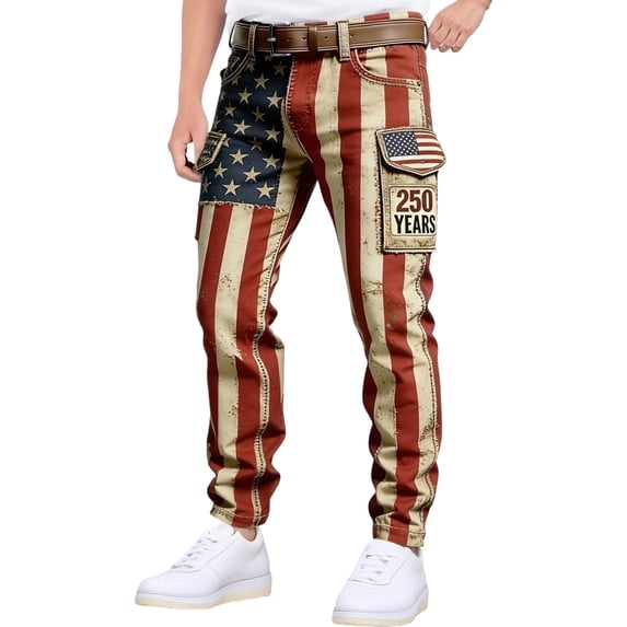 CONZONE American 250Th Anniversary Mens Cargo Pants Patriotic Usa Flag Graphic Wide Leg Cargo Pants for Men Lightweight Relaxed Fit 4Th Of July Trousers With Pockets
