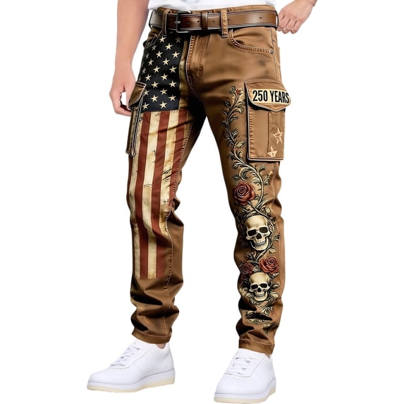 CONZONE American 250Th Anniversary Mens Cargo Pants Patriotic Usa Flag Graphic Wide Leg Cargo Pants for Men Lightweight Relaxed Fit 4Th Of July Trousers With Pockets