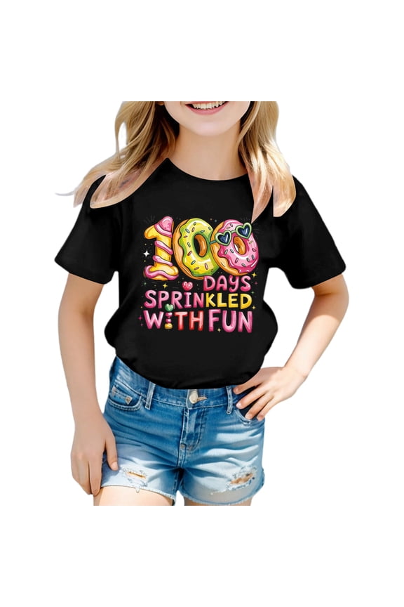 Baby Girls Short Sleeve T-Shirts 100 Days Back To School Graphic Tee Shirt for Infant Girls Crew Neck Soft Loose Childrens Spring Tops