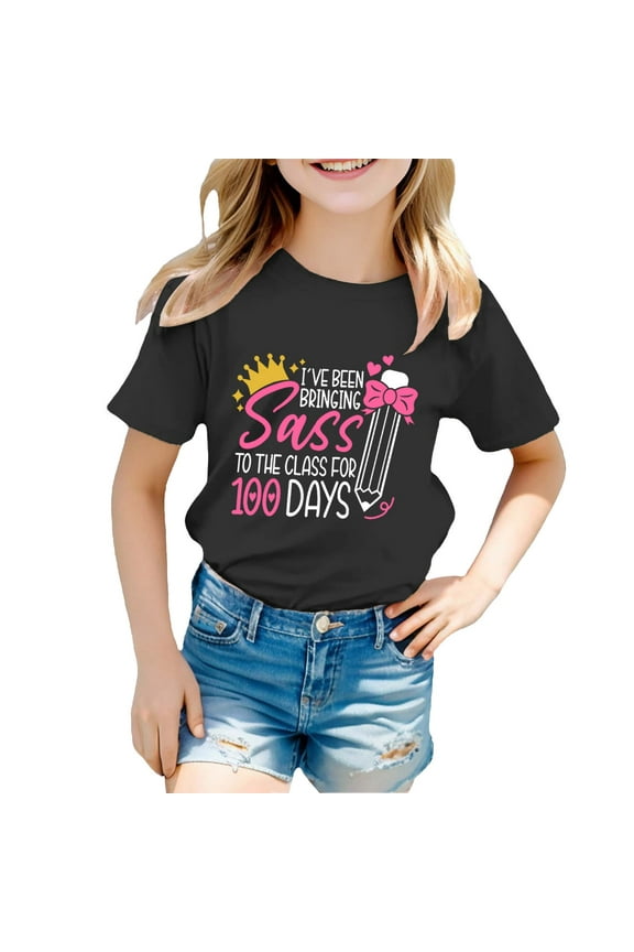 Baby Girls Short Sleeve T-Shirts 100 Days Back To School Graphic Tee Shirt for Infant Girls Crew Neck Soft Loose Childrens Spring Tops