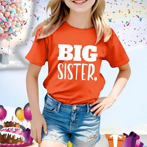 CONZONE Baby Girls Short Sleeve T-Shirts Big Sister Letter Graphic Tee Shirt for Girls Crew Neck Soft Loose Childrens Spring Tops