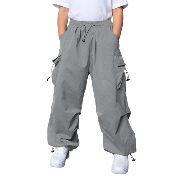 CONZONE Big Boys Cargo Pants Elastic Waist Baggy Joggers for Child Drawstring Wide Leg Fall Casual Trousers with Pockets Size 13-14 Years