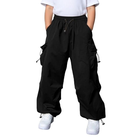 CONZONE Big Boys Cargo Pants Elastic Waist Baggy Joggers for Child Drawstring Wide Leg Fall Casual Trousers with Pockets Size 7-8 Years