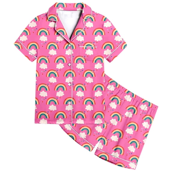 CONZONE Big Girls Pajama Set Short Sleeve Button Down Shirt and Shorts Cartoon Rainbow Print Soft Sleepwear 2 Piece Pjs Set Size 12-13 Years