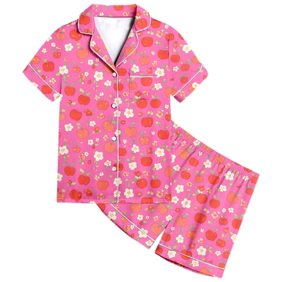 CONZONE Big Girls Pajama Set Short Sleeve Button Down Shirt and Shorts Floral Print Soft Sleepwear 2 Piece Pjs Set Size 8-9 Years