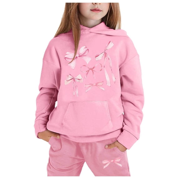CONZONE Big Girls Sweatsuits 2 Piece Set Long Sleeve Bow Graphic Hoodies and Jogger Sweatpants Soft Fall Winter Outfits for Girls Size 8-9 Years