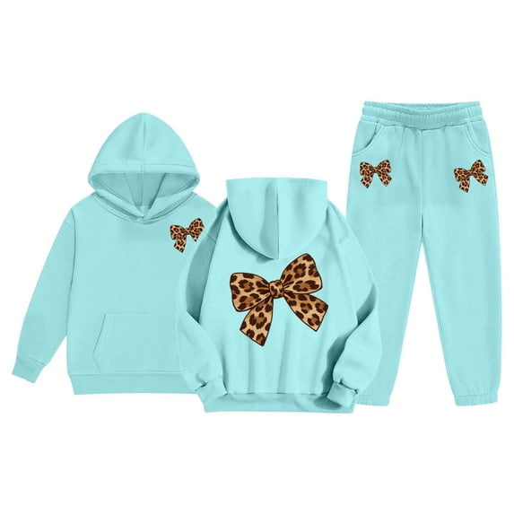 CONZONE Big Girls Sweatsuits 2Pcs Sets Bow Graphic Hoodies Jogger Sweatpants Outfits Fall Winter Clothes for Girls