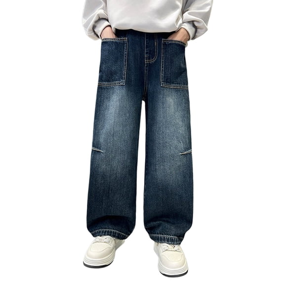 CONZONE Boys Baggy Jeans Wide Leg Casual Jeans for Child Y2K Elastic Waist Fall Streetwear Denim Pants with Pockets