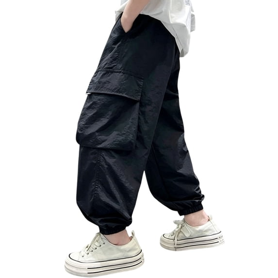 CONZONE Boys Baggy Workout Pants Wide Leg Sport Pants for Child Elastic Waist Graphic Breathable Athletic Jogger Pants with Pockets