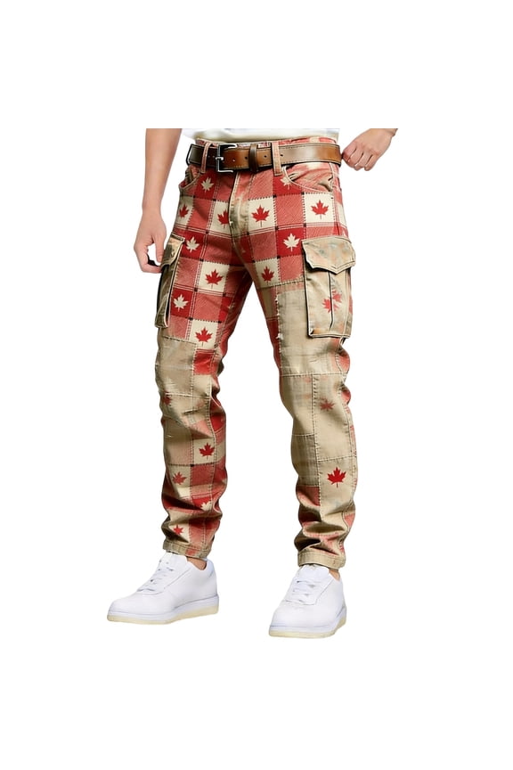 Canada Day Mens Cargo Pants Maple Leave Graphic Straight Leg Cargo Pants for Men Lightweight Relaxed Fit Outdoor Workout Trousers With Pockets