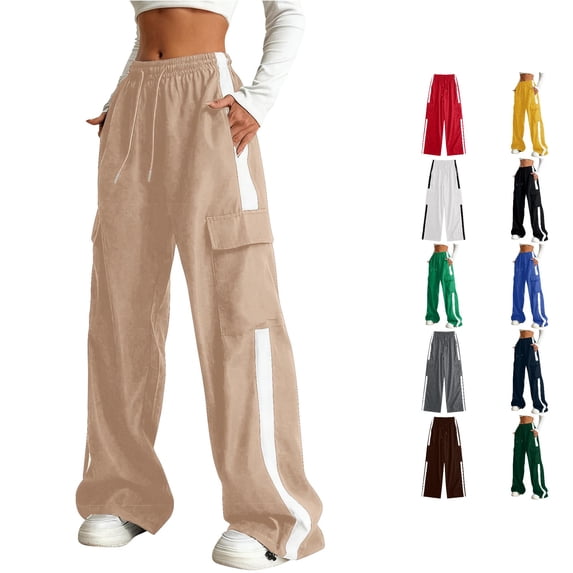 CONZONE Cargo Pants For Big Girls Wide Leg Elastic Waist Drawstring Girls Sweatpants With Pockets Relaxed Fit Casual Fall School Trousers For Girls Size 11-12 Years Khaki
