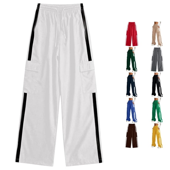 CONZONE Cargo Pants For Little Girls Wide Leg Elastic Waist Drawstring Girls Sweatpants With Pockets Relaxed Fit Casual Fall School Trousers For Girls Size 5-6 Years White