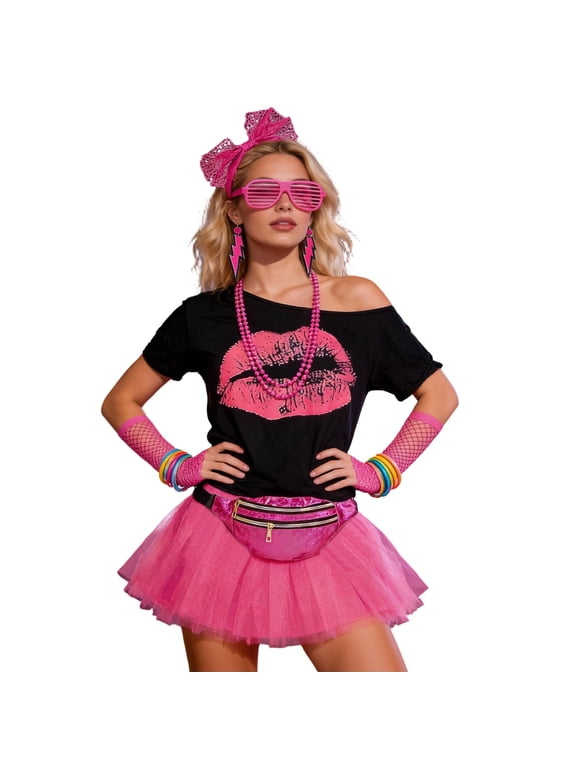 Carnival 80S Womens Dress Up Fashion Tops Lace Mesh Skirts Hairband Outfits Funny Party Stage Performance Clothes Set