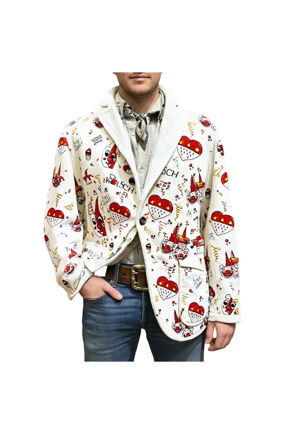 Carnival Men's Corduroy Blazer Casual Men's Blazer Funny Clown Embroidery Two Buttons Elegant Slim Fit Dress Jacket for Performance,Prom,Wedding