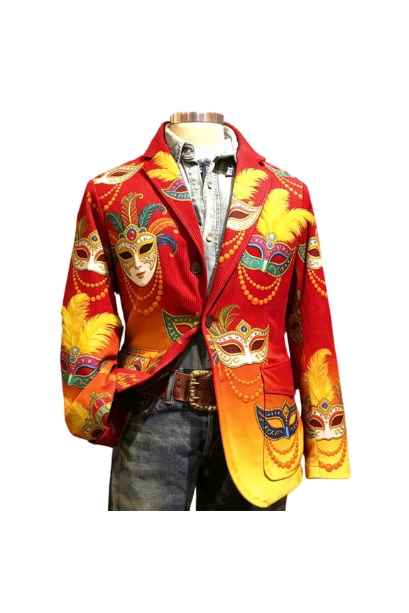 Carnival Men's Corduroy Blazer Casual Suit Jacket for Men Funny Embroidery One Button Elegant Slim Fit Dress Jacket for Performance,Prom,Wedding