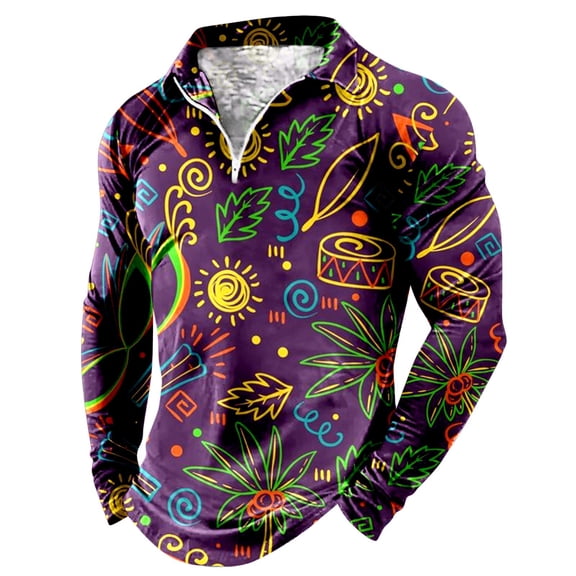 CONZONE Carnival Men's T-Shirts Long Sleeve Mardi Gras T Shirts for Men Casual Crew Neck Fashion Graphic Lightweight Tees Soft Cozy Half Zip Tops
