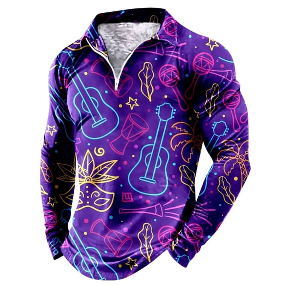 CONZONE Carnival Men's T-Shirts Long Sleeve Mardi Gras T Shirts for Men Casual Crew Neck Fashion Graphic Lightweight Tees Soft Cozy Half Zip Tops