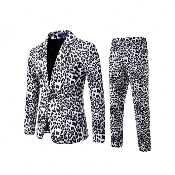 CONZONE Carnival Mens 2 Peice Suit Set Casual Dress Suit for Men One Button Long Sleeve Leopard Blazer Pants Elegant Slim Fit Party Wedding Business Set
