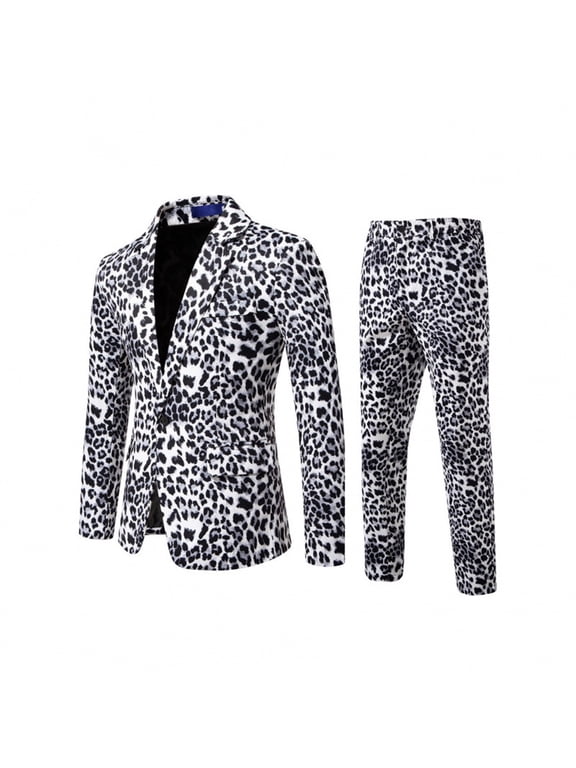 Carnival Mens 2 Peice Suit Set Casual Dress Suit for Men One Button Long Sleeve Leopard Blazer Pants Elegant Slim Fit Party Wedding Business Set