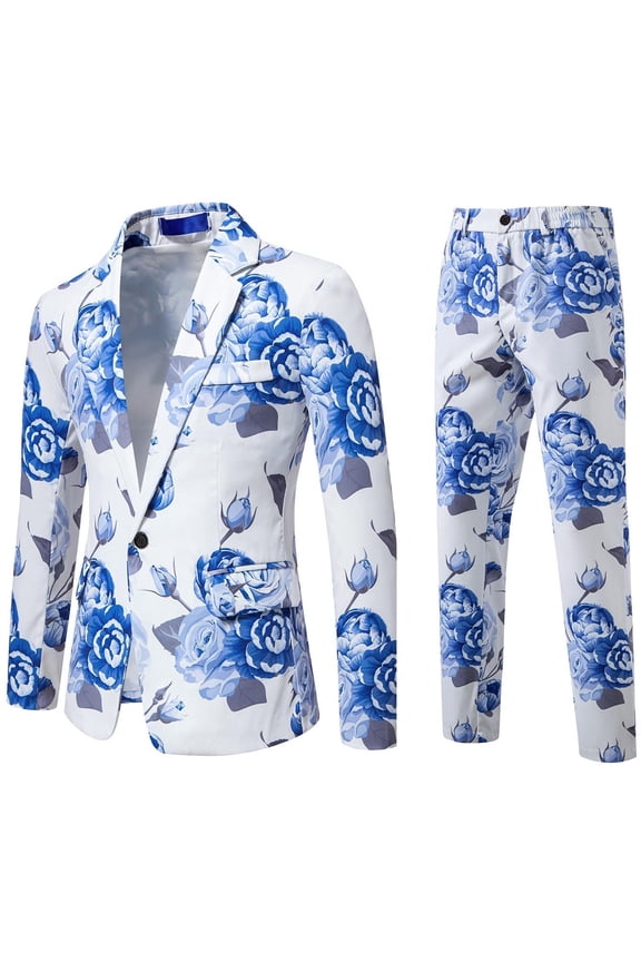 Carnival Mens 2 Peice Suit Set Casual Dress Suit for Men Rose Graphic Long Sleeve Blazer Pants Elegant Slim Fit Party Wedding Business Set