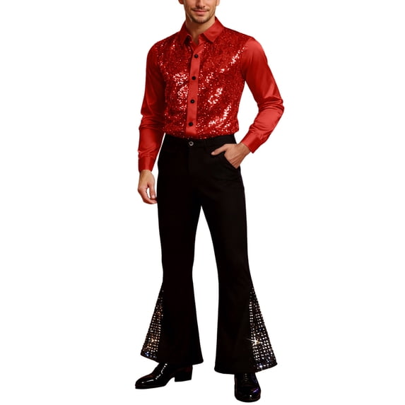 CONZONE Carnival Mens 70S Disco Set 2 Peice Dance Suit for Men Glitter Sequins Long Sleeve Tops Flared Pants Funny Stage Performance Outfits