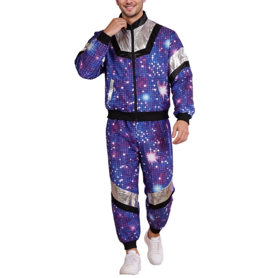 CONZONE Carnival Mens 70S Disco Ssweatsuits Casual Track Suit for Men Patchwork Color Long Sleeve Zip Sweatshirt Pants Cozy Loose Fit Stage Performance Outfits