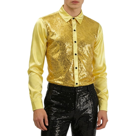 CONZONE Carnival Mens Buttons Down Sequin Shirts Long Sleeve Shirts For Men Trendy Metallic Sparkly Lapel Nightclub Performance Tops