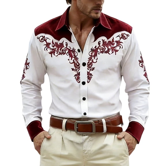 CONZONE Carnival Mens Buttons Down Shirts Long Sleeve Shirts For Men Trendy Western Cowboy Embroidery Lapel Soft Lightweight Tops