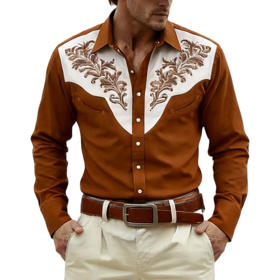 CONZONE Carnival Mens Buttons Down Shirts Long Sleeve Shirts For Men Trendy Western Cowboy Embroidery Lapel Soft Lightweight Tops