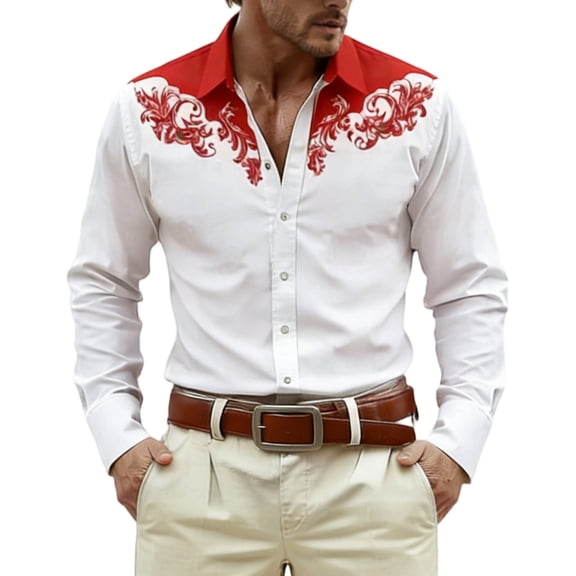 CONZONE Carnival Mens Buttons Down Shirts Long Sleeve Shirts For Men Trendy Western Cowboy Embroidery Lapel Soft Lightweight Tops