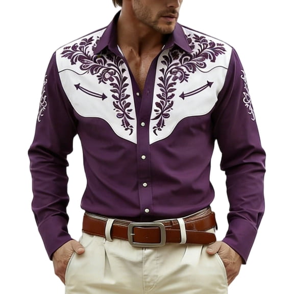 CONZONE Carnival Mens Buttons Down Shirts Long Sleeve Shirts For Men Trendy Western Cowboy Embroidery Lapel Soft Lightweight Tops