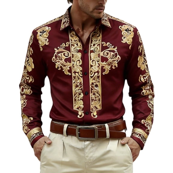 CONZONE Carnival Mens Buttons Down Shirts Long Sleeve Shirts For Men Trendy Western Cowboy Embroidery Lapel Soft Lightweight Tops