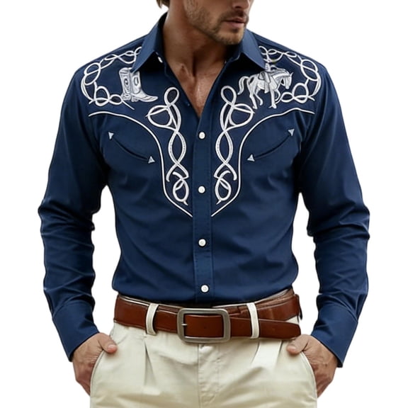 CONZONE Carnival Mens Buttons Down Shirts Long Sleeve Shirts For Men Trendy Western Cowboy Embroidery Lapel Soft Lightweight Tops