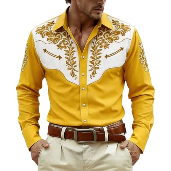 CONZONE Carnival Mens Buttons Down Shirts Long Sleeve Shirts For Men Trendy Western Cowboy Embroidery Lapel Soft Lightweight Tops